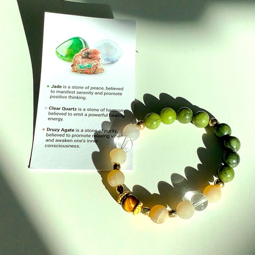 NWOT-Jade, Quartz and Druzy Agate Gemstone Beaded Bracelet! Fits Small Wrist!